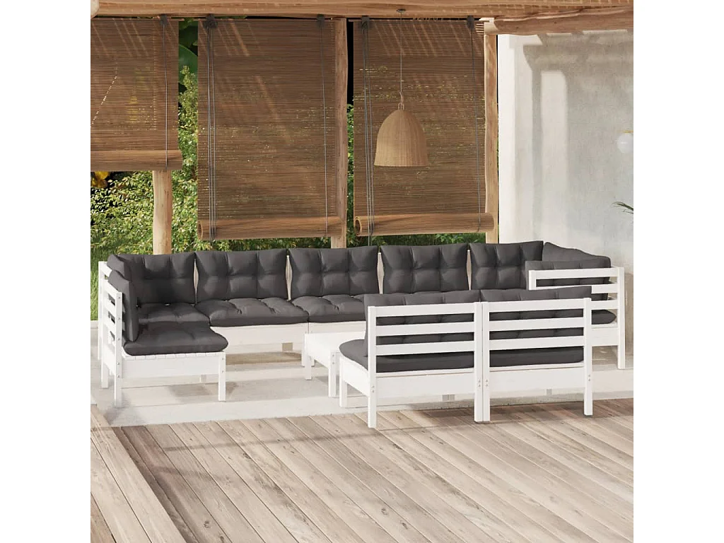 10 pcs conj. lounge de jardim c/ almofadões pinho maciço branco