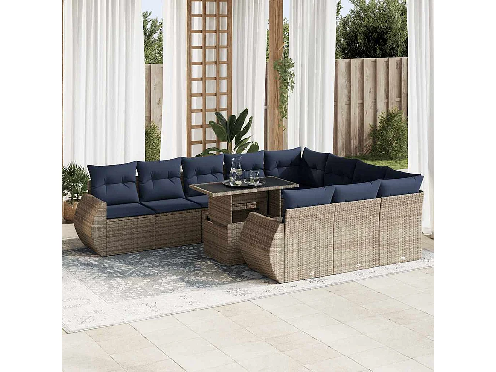 Garden Furniture - 11-tlg. Garten-Sofagarnitur mit Kissen Grau Poly Rattan Akazie