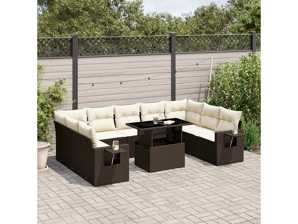 Garden Furniture - Set Divani da Giardino 10pz con Cuscini in Polyrattan Marrone