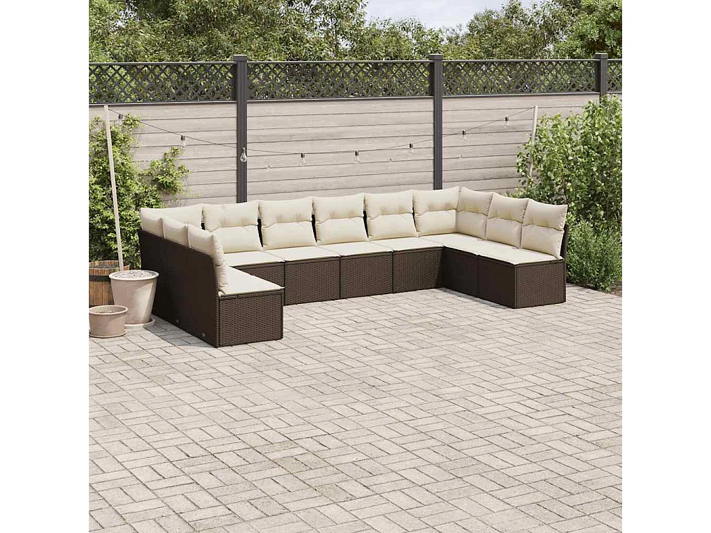 Garden Furniture - Salon de jardin 10 pcs avec coussins marron résine tressée