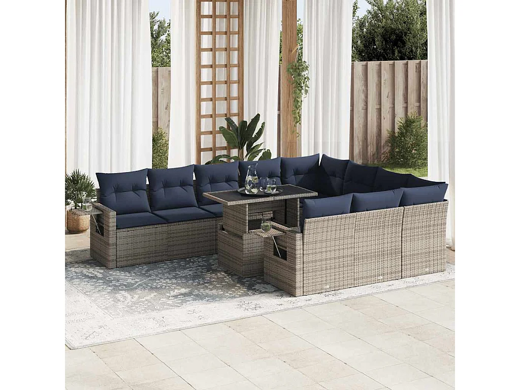 Garden Furniture - 11-tlg. Garten-Sofagarnitur mit Kissen Grau Poly Rattan Akazie