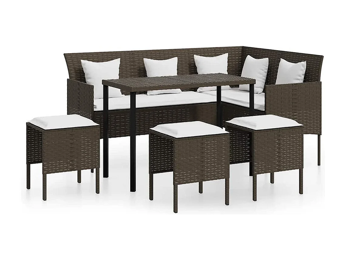 5 pcs conjunto sofás formato L c/ almofadões vime PE castanho