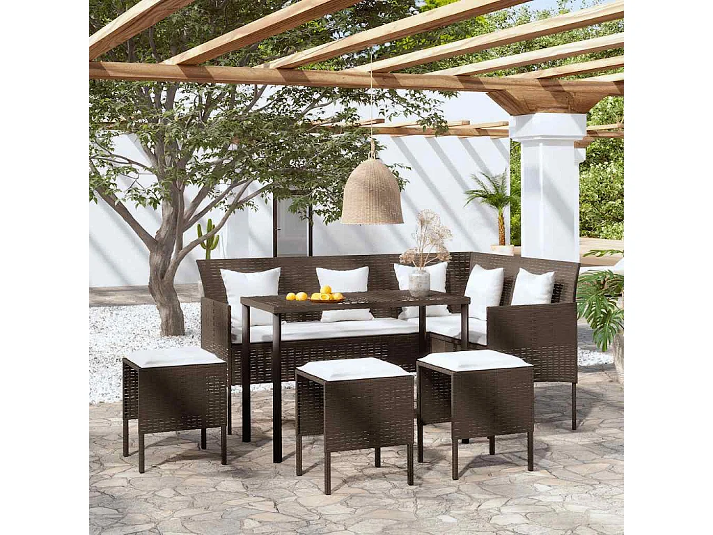 5 pcs conjunto sofás formato L c/ almofadões vime PE castanho
