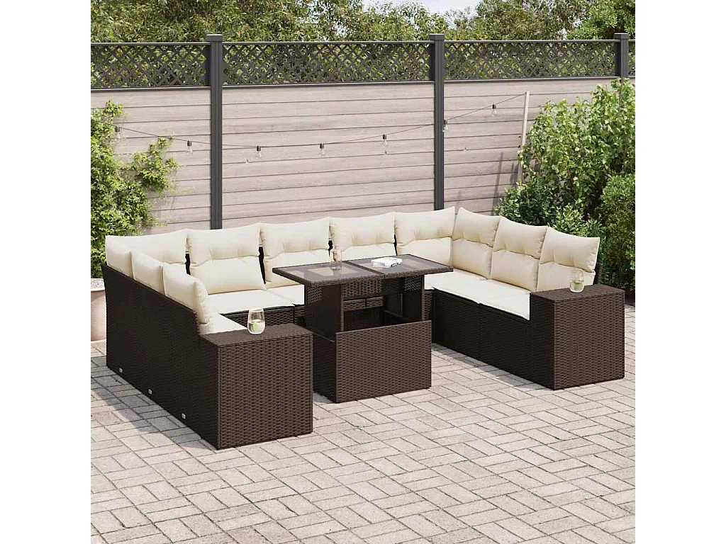 Garden Furniture - Set Divani da Giardino 10pz con Cuscini in Polyrattan Marrone