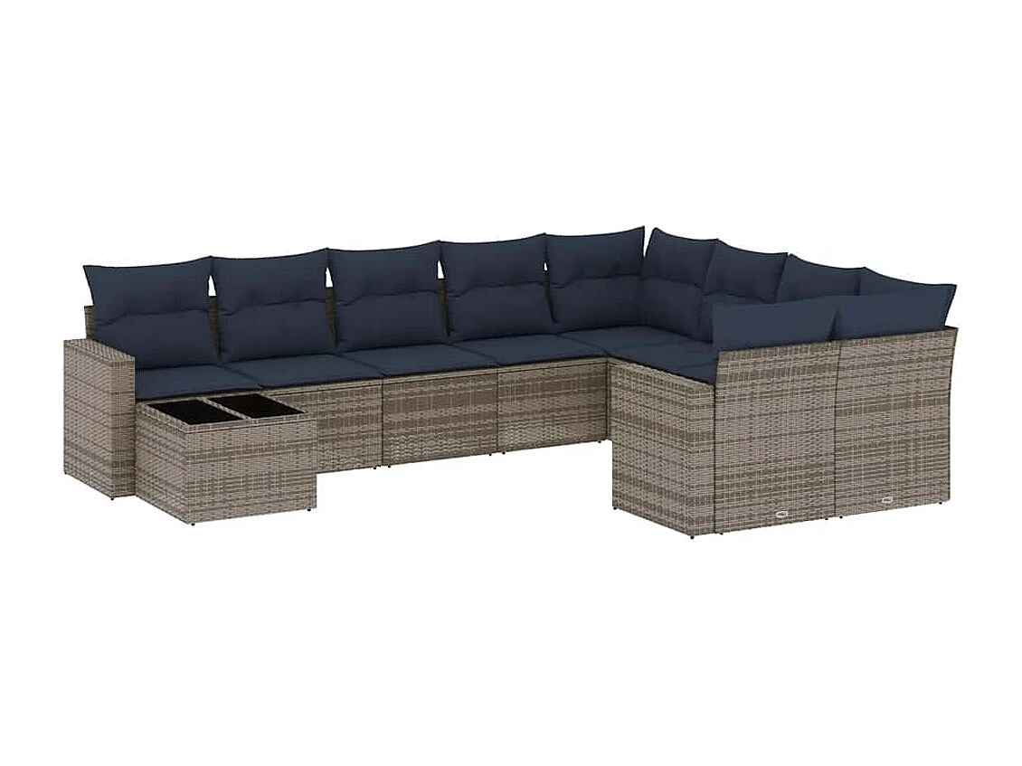 10 pcs conjunto sofás p/ jardim c/ almofadões vime PE cinzento