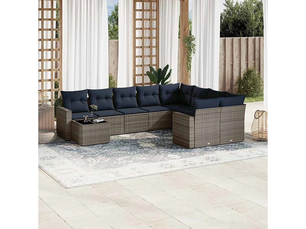 10 pcs conjunto sofás p/ jardim c/ almofadões vime PE cinzento