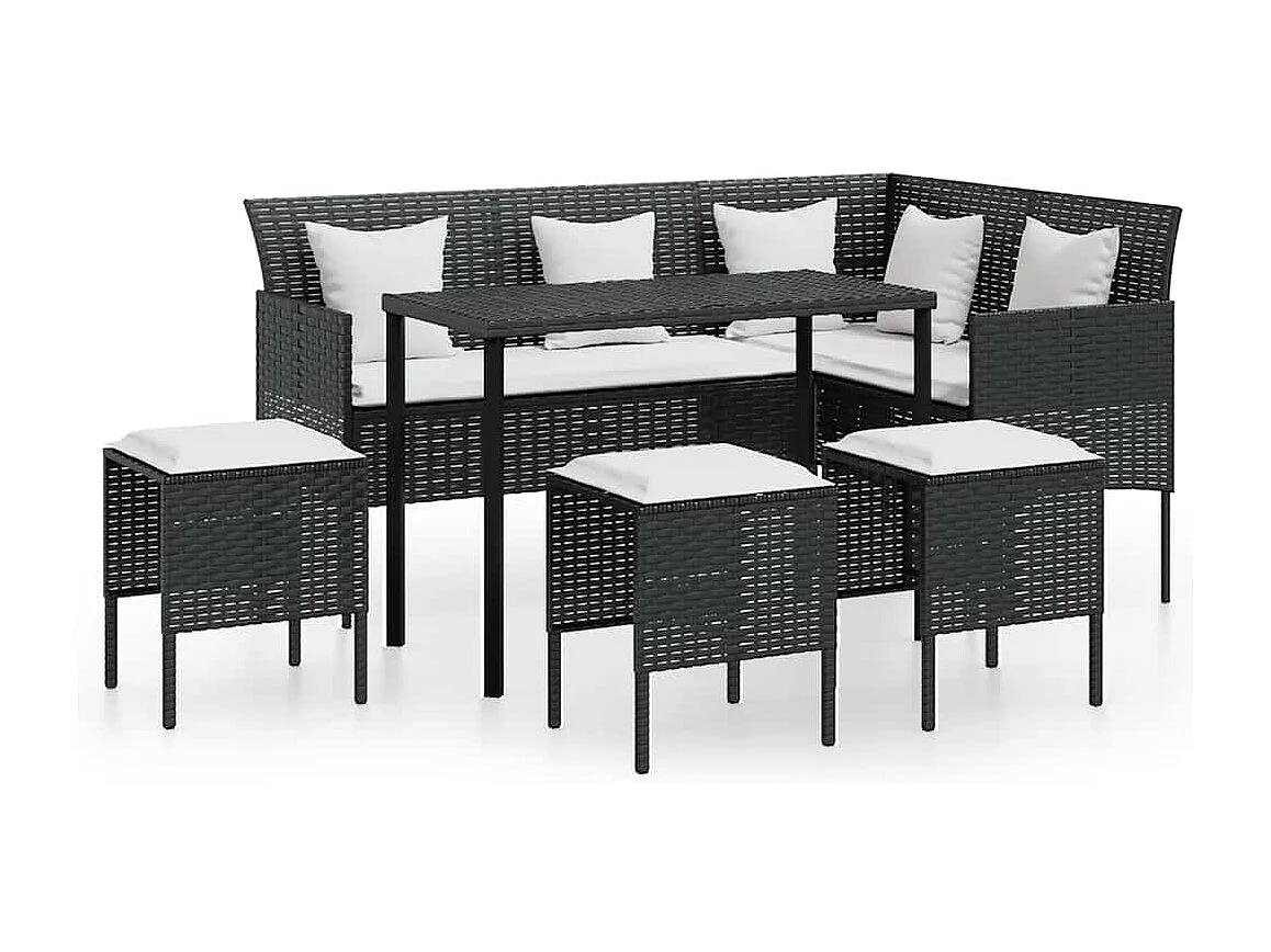 5 pcs conjunto sofás formato L c/ almofadões vime PE preto