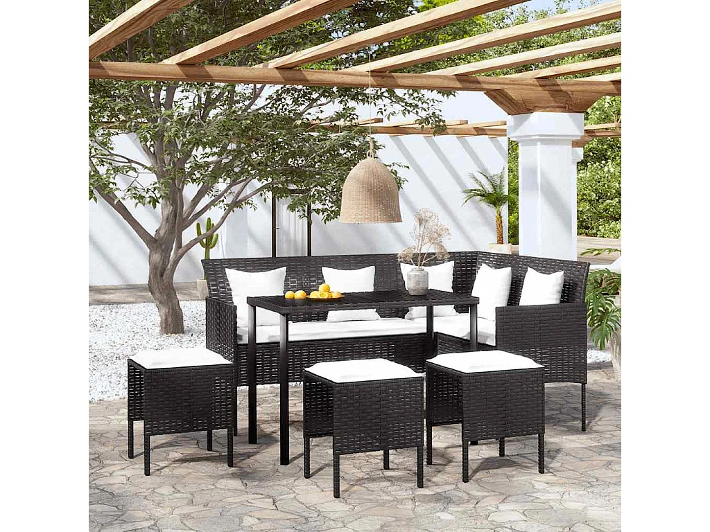 5 pcs conjunto sofás formato L c/ almofadões vime PE preto