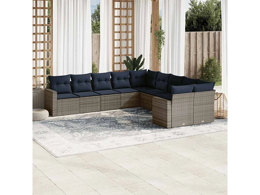 Garden Furniture - 10-tlg. Garten-Sofagarnitur mit Kissen Grau Poly Rattan