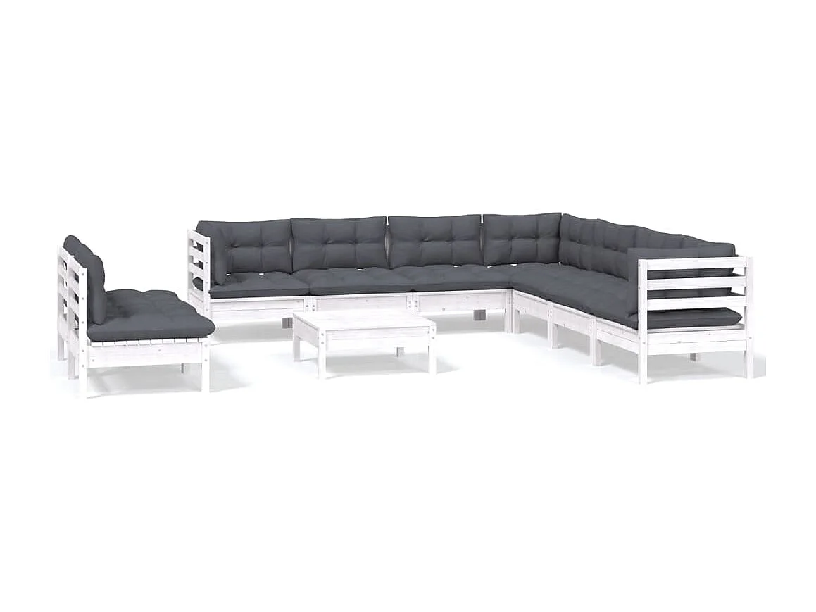 10 pcs conj. lounge de jardim c/ almofadões pinho maciço branco