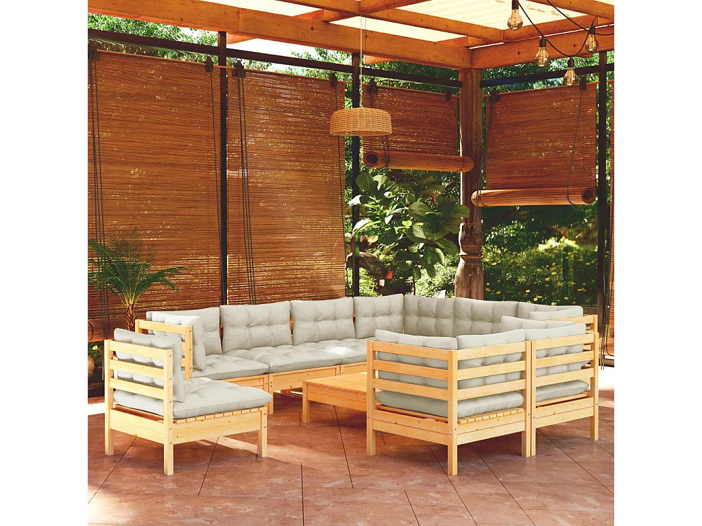 10 pcs conjunto lounge jardim c/ almofadões creme pinho maciço