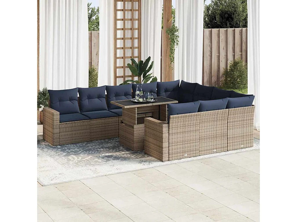 Garden Furniture - 11-tlg. Garten-Sofagarnitur mit Kissen Grau Poly Rattan