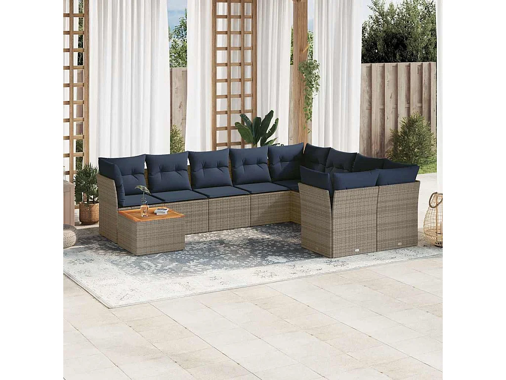 Garden Furniture - 10-tlg. Garten-Sofagarnitur mit Kissen Grau Poly Rattan