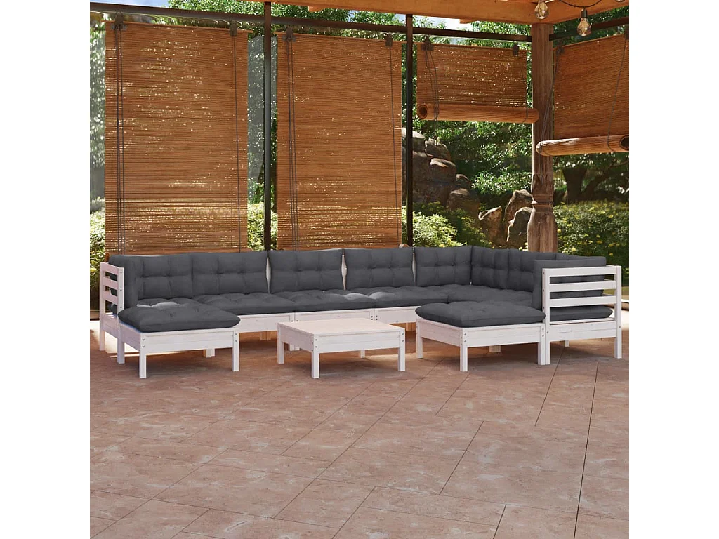 10 pcs conj. lounge de jardim c/ almofadões pinho maciço branco