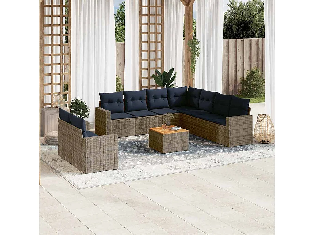 Garden Furniture - 10-tlg. Garten-Sofagarnitur mit Kissen Grau Poly Rattan