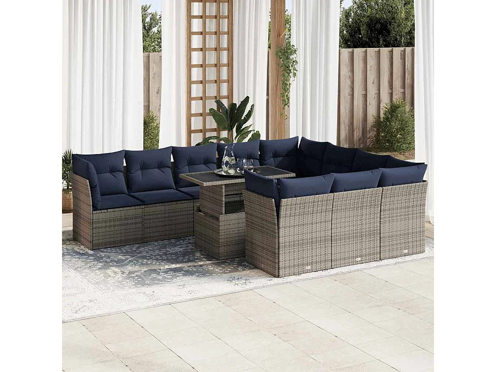 Garden Furniture - 11-tlg. Garten-Sofagarnitur mit Kissen Grau Poly Rattan Akazie