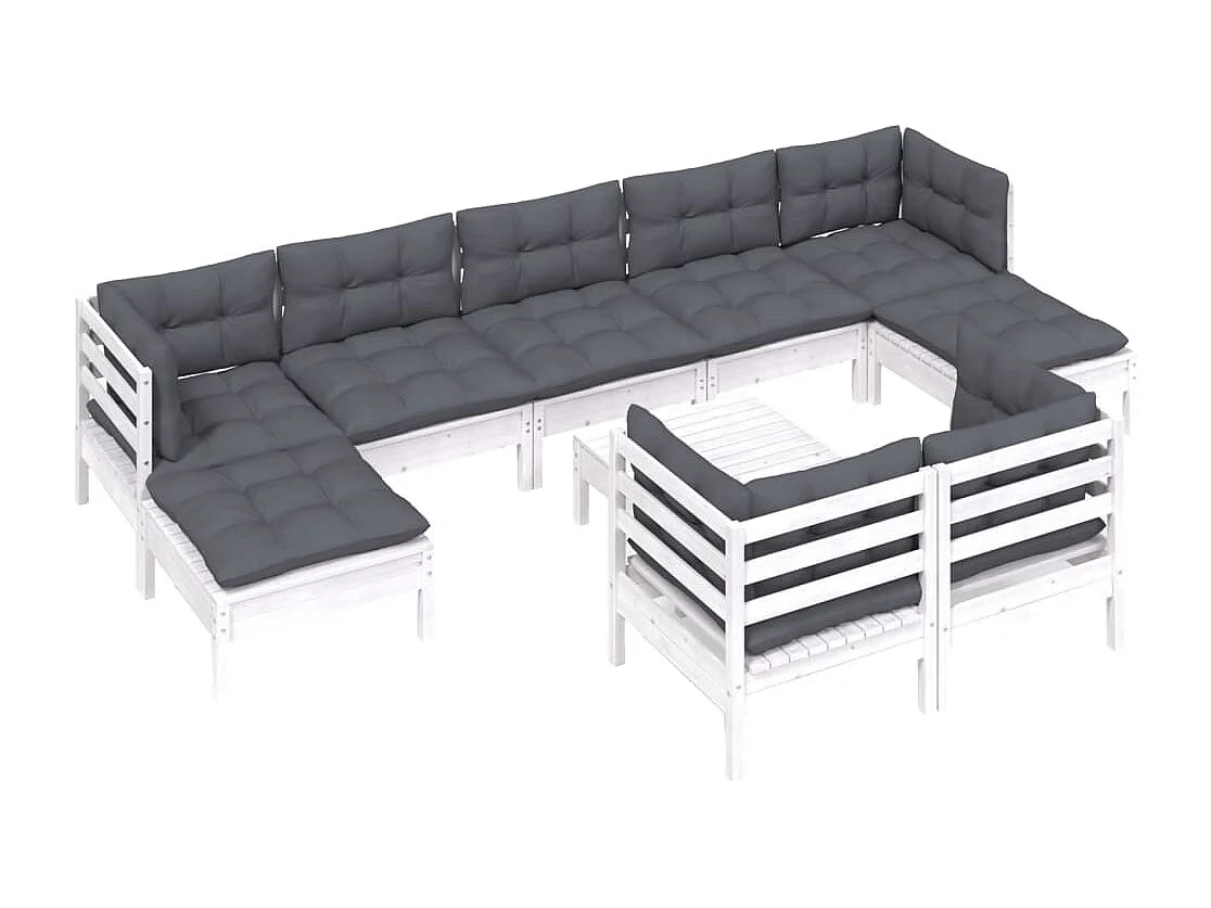 10 pcs conj. lounge de jardim c/ almofadões pinho maciço branco