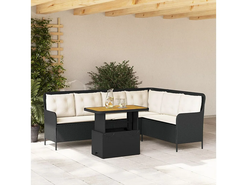 2 pcs conjunto sofás de jardim com almofadões vime PE preto