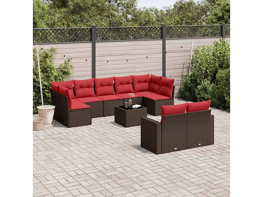 Garden Furniture - Salon de jardin 10 pcs avec coussins marron résine tressée