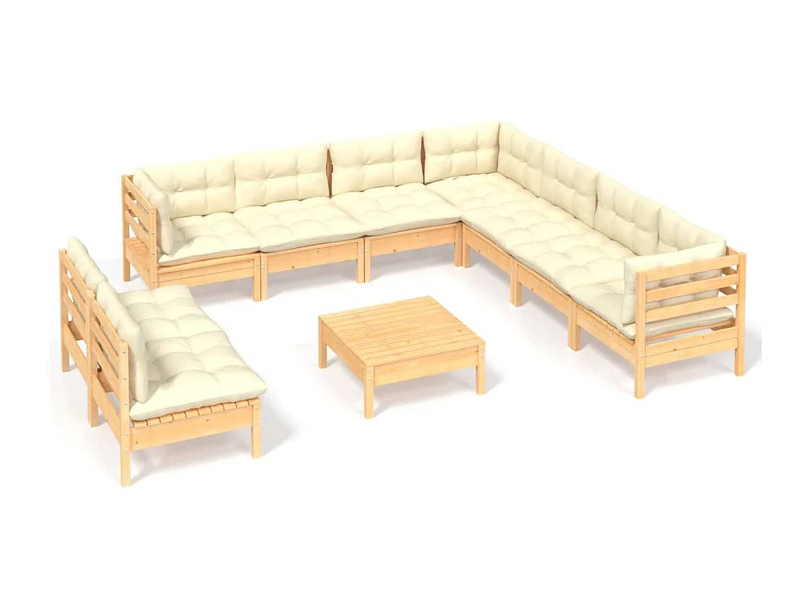 10 pcs conjunto lounge jardim c/ almofadões creme pinho maciço