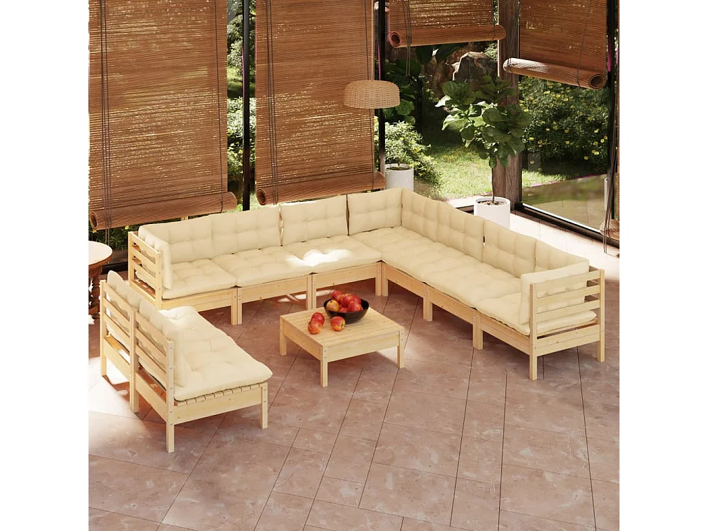 10 pcs conjunto lounge jardim c/ almofadões creme pinho maciço