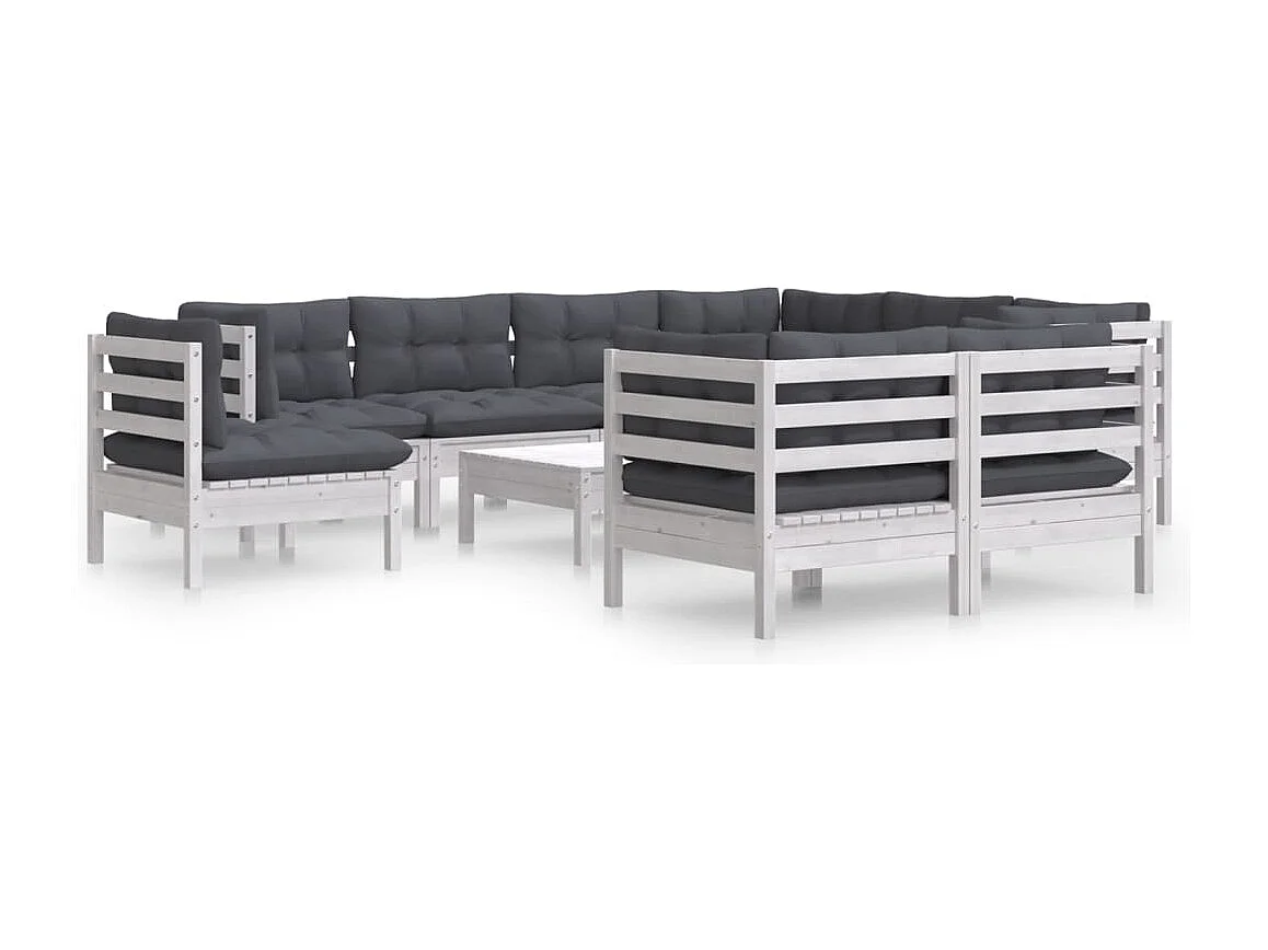 10 pcs conj. lounge de jardim c/ almofadões pinho maciço branco