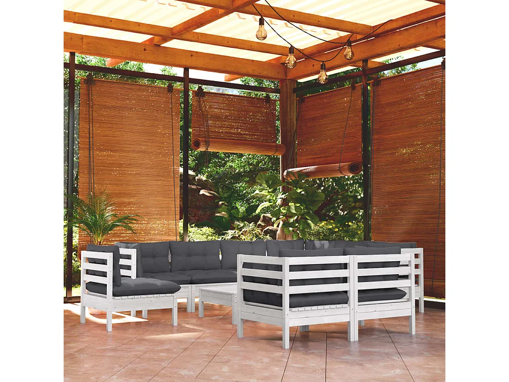 10 pcs conj. lounge de jardim c/ almofadões pinho maciço branco