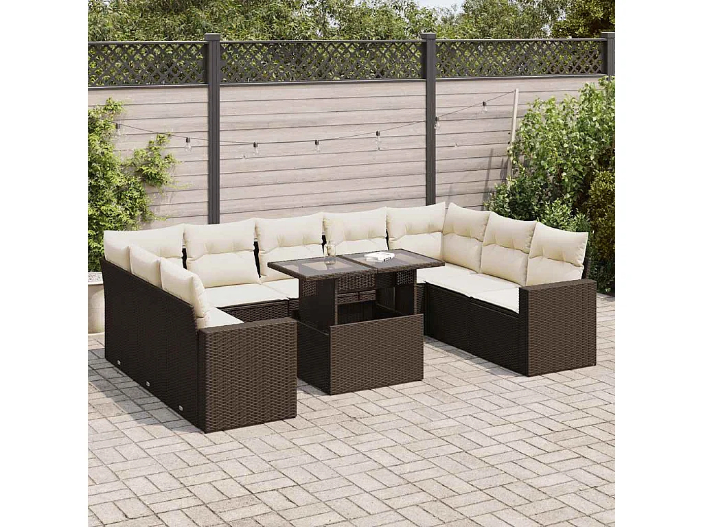 10 pcs conj. sofás jardim com almofadões vime PE castanho