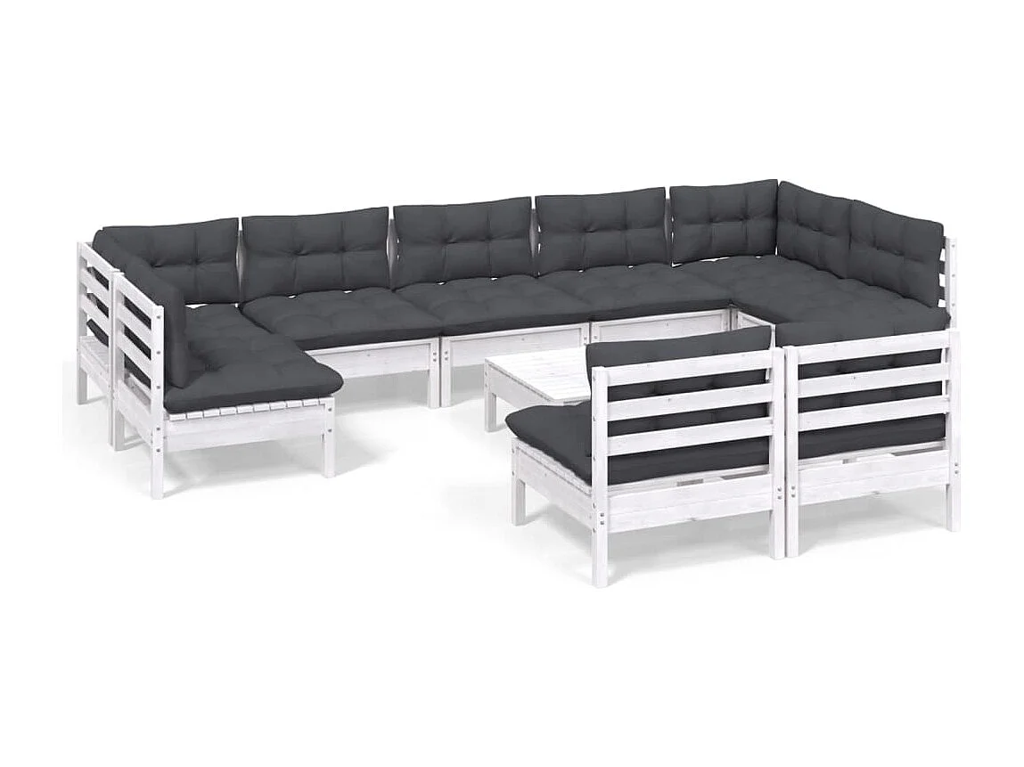 10 pcs conj. lounge de jardim c/ almofadões pinho maciço branco
