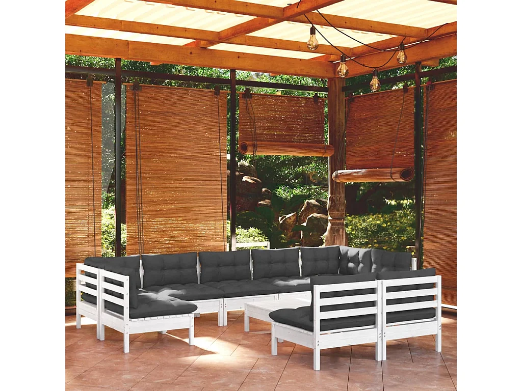 10 pcs conj. lounge de jardim c/ almofadões pinho maciço branco