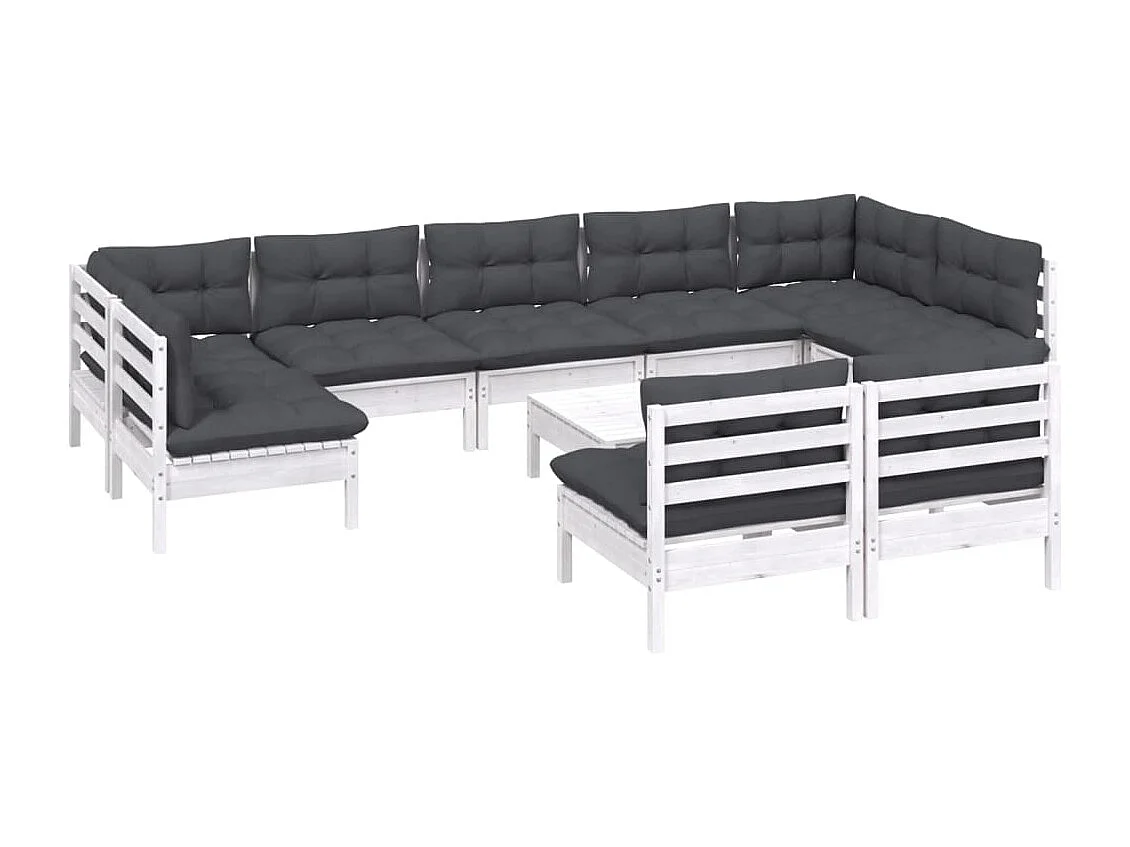 10 pcs conj. lounge de jardim c/ almofadões pinho maciço branco