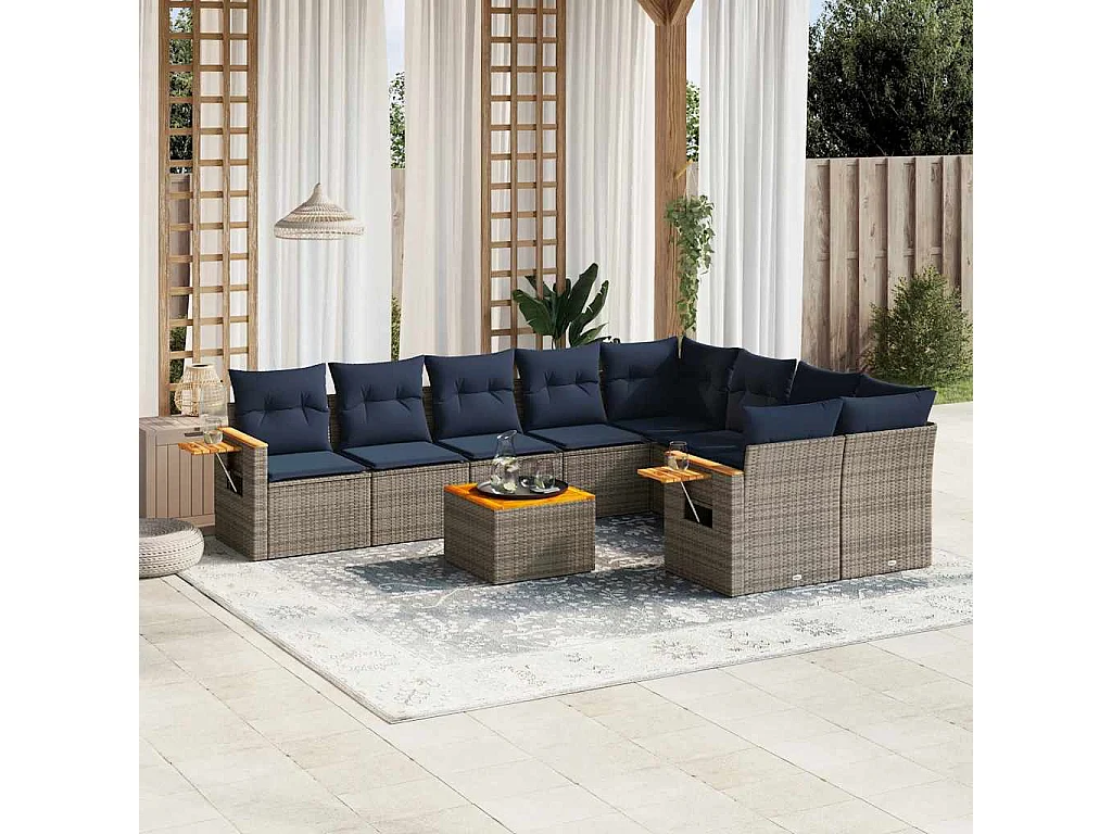 Garden Furniture - 10-tlg. Garten-Sofagarnitur mit Kissen Grau Poly Rattan