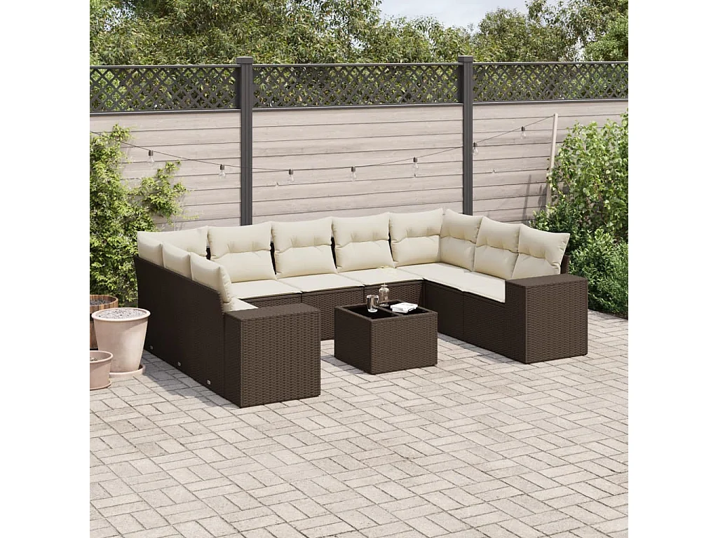 Garden Furniture - Salon de jardin 10 pcs avec coussins marron résine tressée