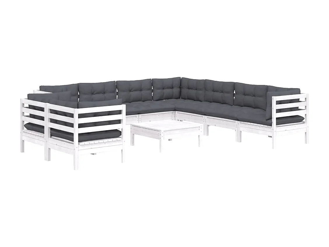 10 pcs conj. lounge de jardim c/ almofadões pinho maciço branco