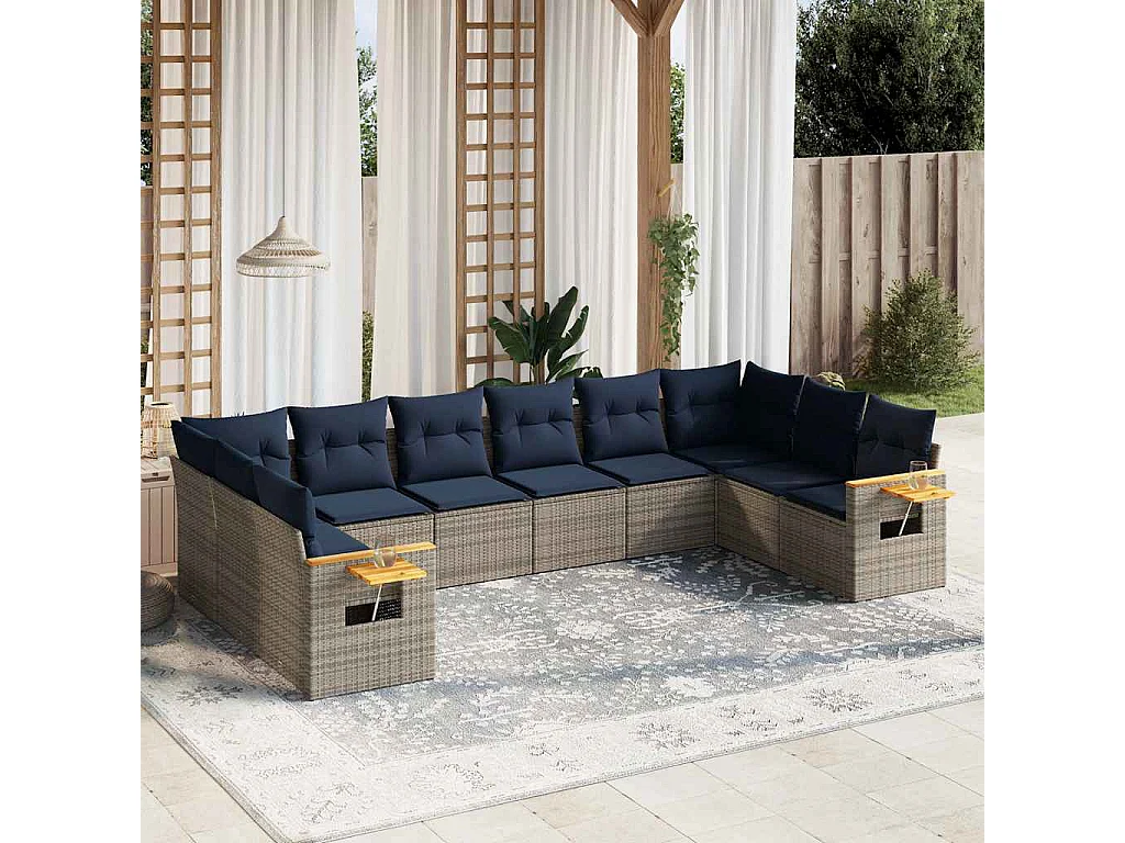 Garden Furniture - 10-tlg. Garten-Sofagarnitur mit Kissen Grau Poly Rattan