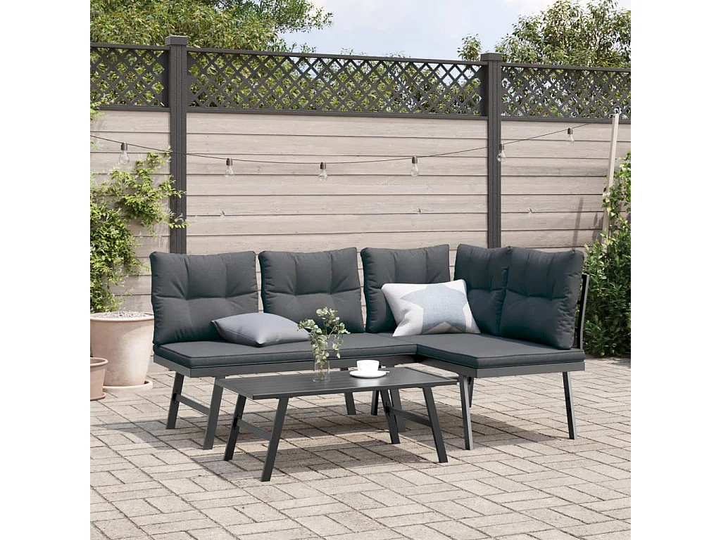 Garden Furniture - 3-tlg. Garten-Sitzgruppe mit Kissen Schwarz Stahl