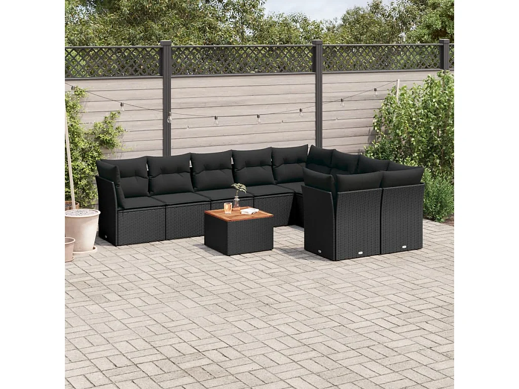 Garden Furniture - Set Divani da Giardino 10pz con Cuscini in Polyrattan Nero