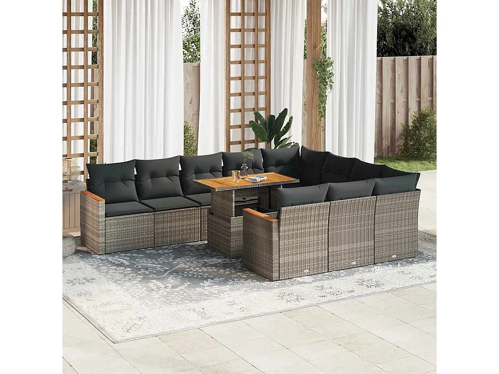Garden Furniture - Set Divani Giardino 11 pz con Cuscini Polyrattan Acacia Grigio