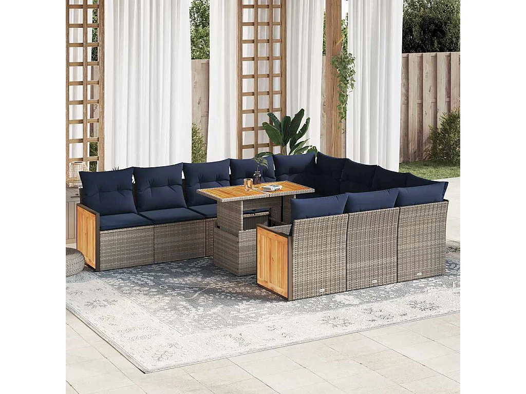 Garden Furniture - 11-tlg. Garten-Sofagarnitur mit Kissen Grau Poly Rattan Akazie