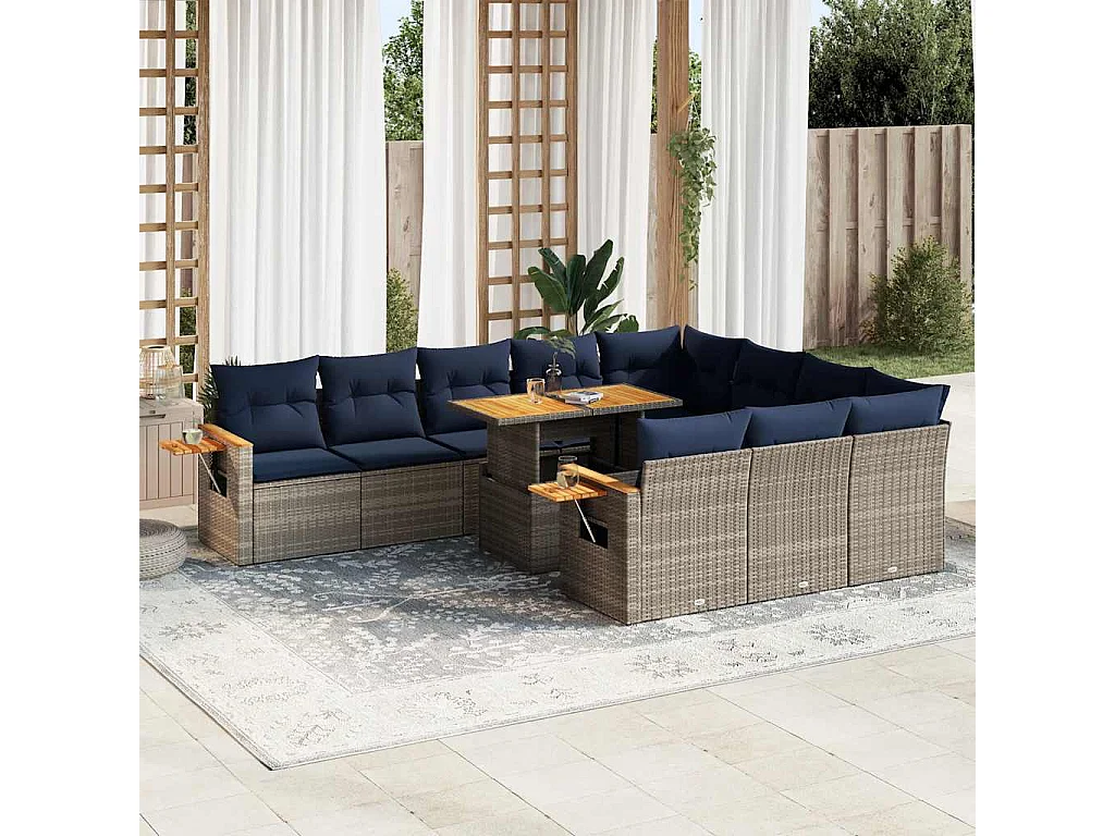 Garden Furniture - 11-tlg. Garten-Sofagarnitur mit Kissen Grau Poly Rattan Akazie
