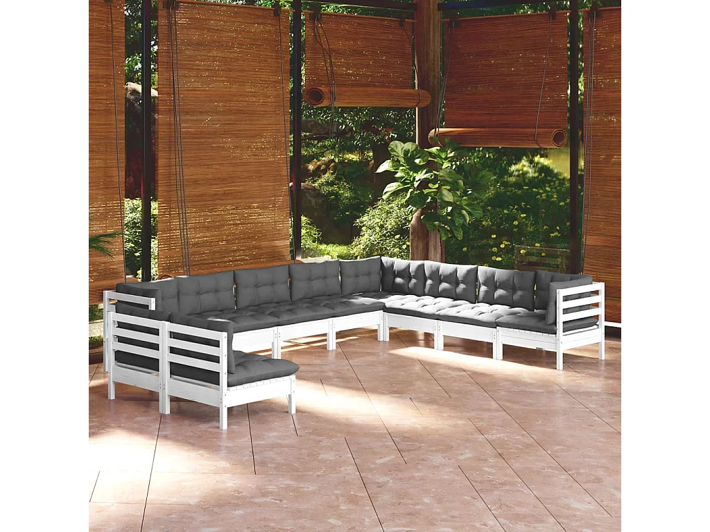 10 pcs conj. lounge de jardim c/ almofadões pinho maciço branco
