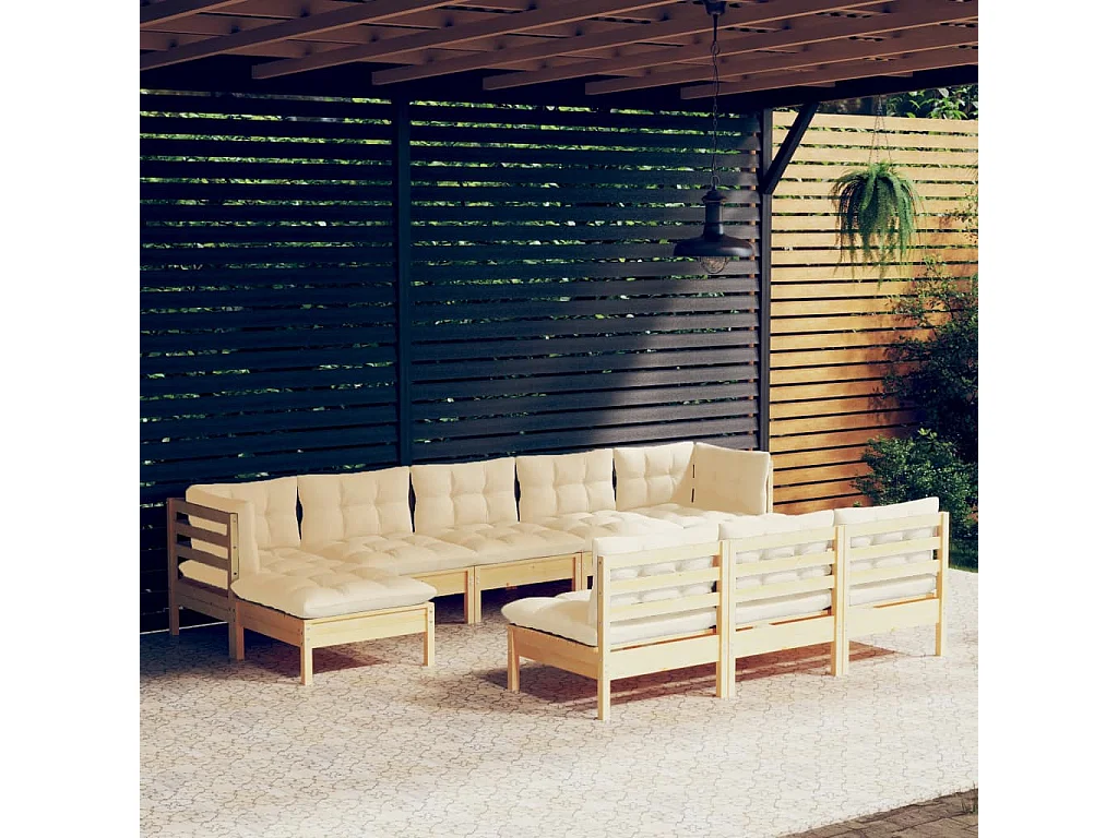 10 pcs conjunto lounge de jardim c/ almofadões cor creme pinho