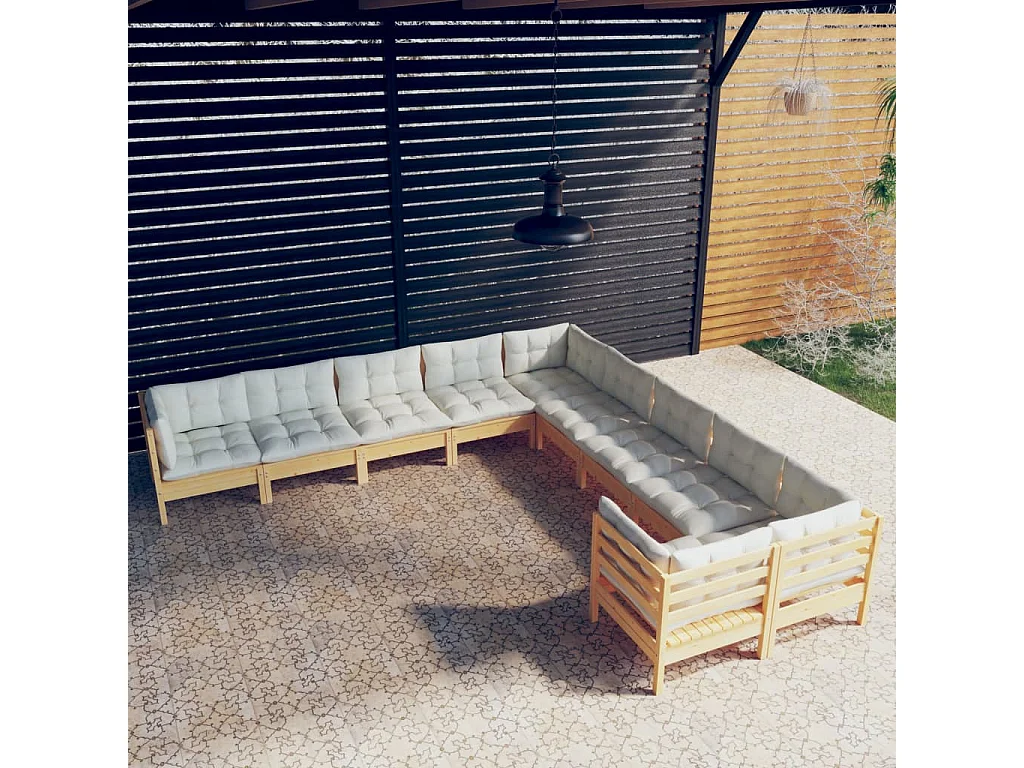 10 pcs conjunto lounge de jardim c/ almofadões cor creme pinho