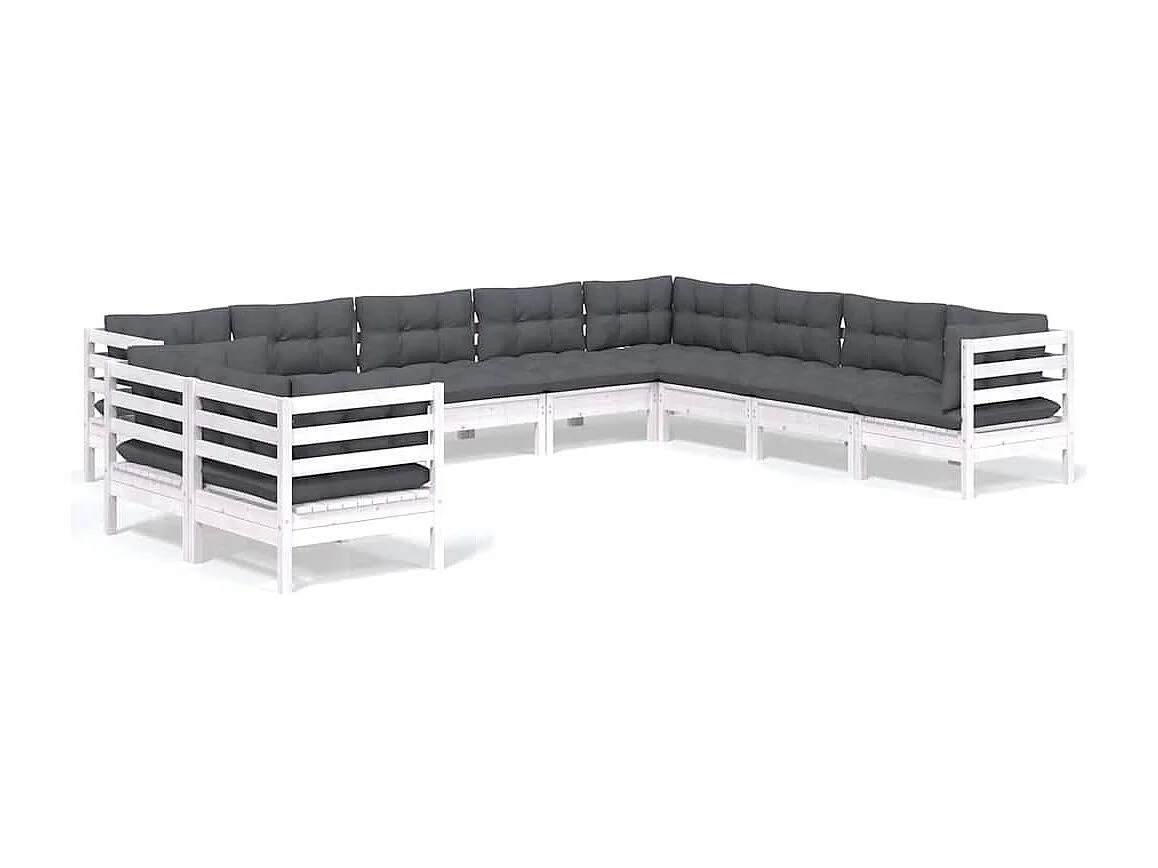 10 pcs conj. lounge de jardim c/ almofadões pinho maciço branco