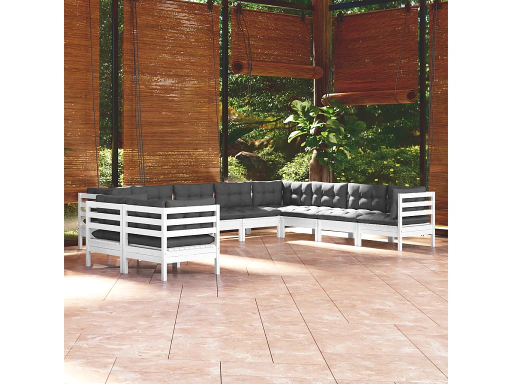 10 pcs conj. lounge de jardim c/ almofadões pinho maciço branco