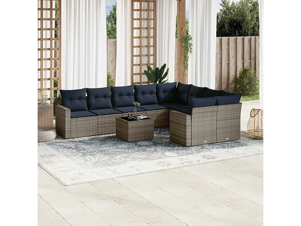 Garden Furniture - Salon de jardin 10 pcs avec coussins gris résine tressée