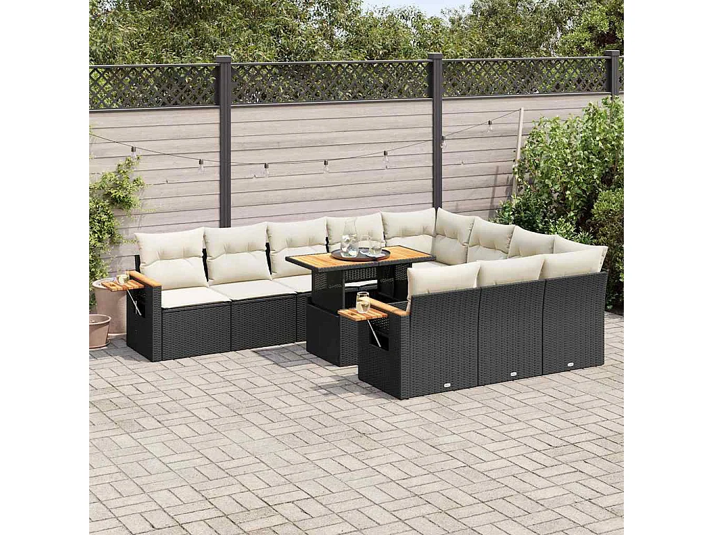 Garden Furniture - 11-tlg. Garten-Sofagarnitur mit Kissen Schwarz Poly Rattan