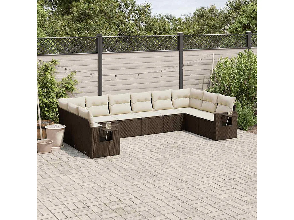 Garden Furniture - Salon de jardin 10 pcs avec coussins marron résine tressée
