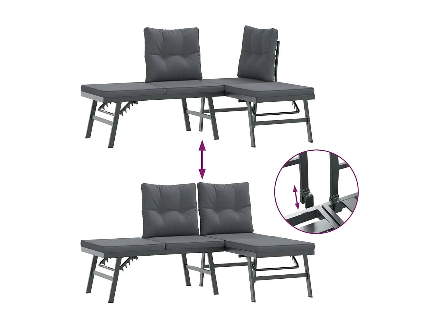 Garden Furniture - Set Panche Giardino Cuscini 8pz Nere Acciaio Verniciato Polvere