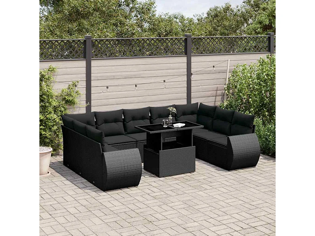 Garden Furniture - Set Divani da Giardino 10pz con Cuscini in Polyrattan Nero